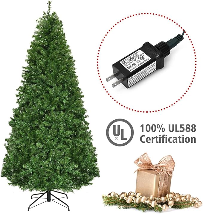 HAPPYGRILL 8FT Pre-Lit Christmas Tree with 2128 PVC Branch Tips and Foldable Base, Premium Artificial Spruce Tree Hinged Xmas Tree for Holiday Decor