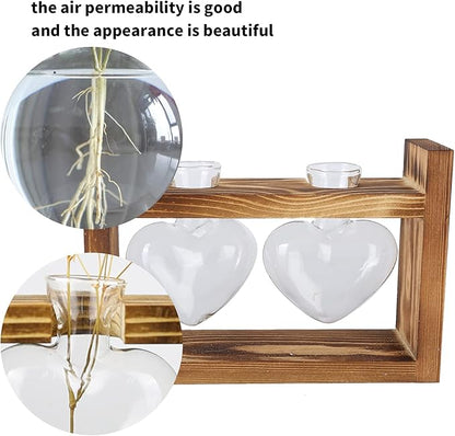 Plant Terrarium with Wooden Stand,Heart Shaped Transparent Glass Vase Flower Pot Hydroponics Plant Propagation Station for Hydroponics Plants Home Office Decor (Retro Box + 2