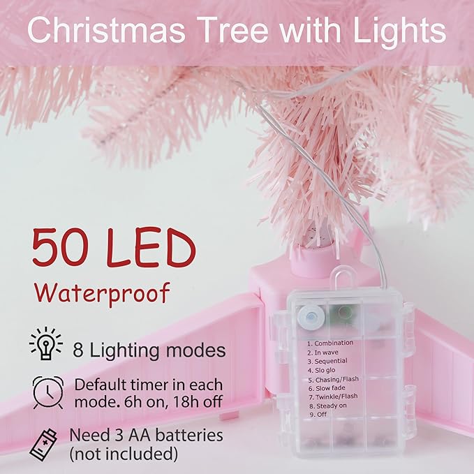 Pre-Lit Artificial Christmas Tree 3Ft, Battery Operated Desktop Xmas Tree with 50 LED 160 Branch Tips Mini Christmas Tree Decoration Indoor Outdoor