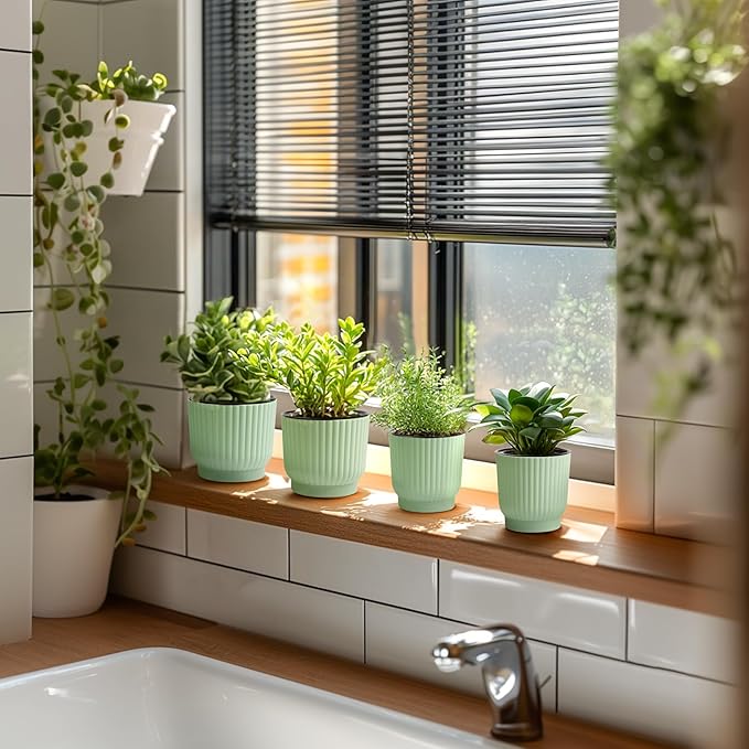 T4U 7 Inch Self Watering Pots for Indoor Plants, 4 Pack Plant Pots, Self Watering Planter for Indoor Plants, Durable Plastic Pots (4 Pack, 7", Green)