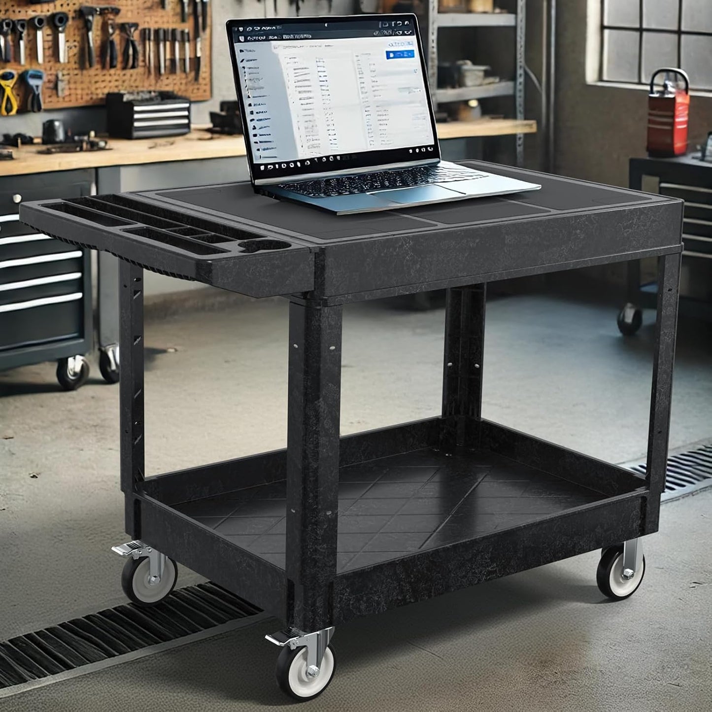 Large Garage Flat Top Utility Cart, Heavy Duty 2 Shelf Tool Cart Service Cart Rolling Push Carts with Ergonomic Handle 5" Swivel Casters