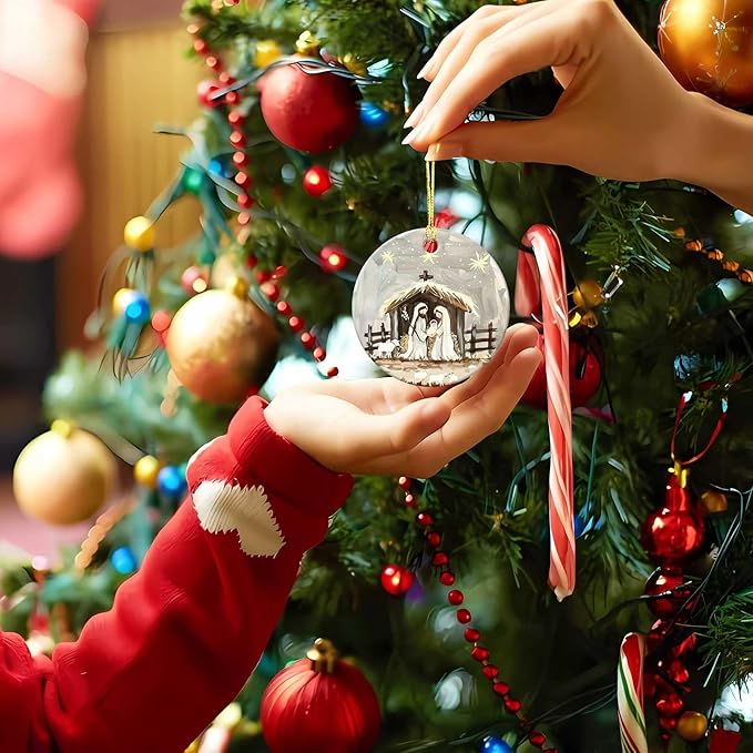 Nativity Night Ornaments Round Nativity Scene Ceramic Stained Glass Style Birth of Jesus Christ Hanging Ornament Christmas Keepsake Decor for Xmas Tree Winter Holiday Xmas Gift for Women Men 3"