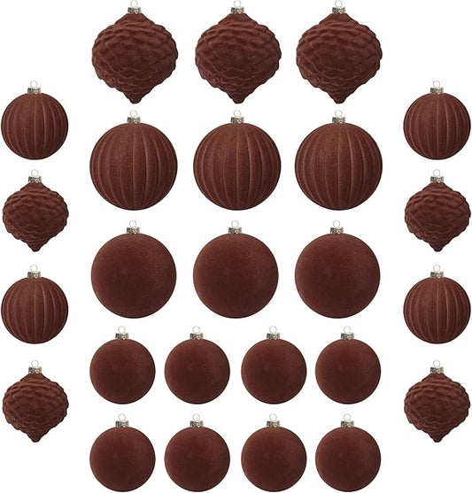 KI Store Velvet Christmas Balls 25pcs Flocked Christmas Tree Ornaments for Xmas Holiday Hanging Decor (Brown)