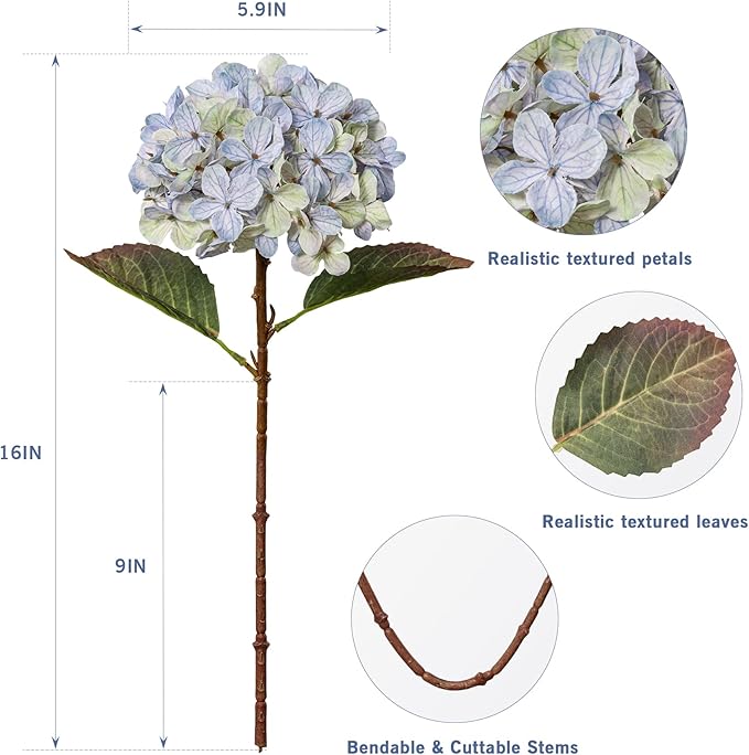 Artificial Flower Fake Silk Hydrangea Heads Bouquet with Stems Bulk for Fall Decoration Table Center Christmas Indoor Outdoor Faux Floral Realistic with Leaves Plants Crafts 8PCS(Blue)