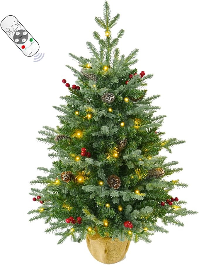3FT Pre-lit Artificial Small Mini Christmas Tree with Warm White Multi-Color LED Lights, Remote Control and Timer, Perfect for Xmas Tabletop Decorations, Home, Kitchen, Dining Table top Blue