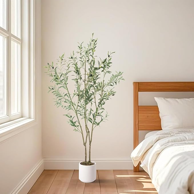 Artificial Fake Olive Tree 5FT Tall 1Pack with White Planter Faux Silk Olive Tree for Home Living Room Office Decor Faux Artificial Plants Indoor with Fruit & Free Moss