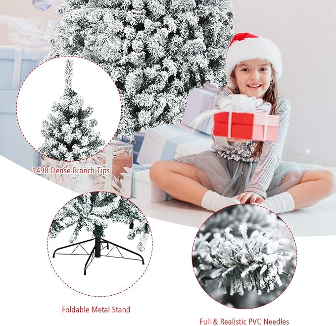 COSTWAY 9 FT Pre-Lit Christmas Tree, Snow Flocked Hinged Xmas Tree with 1498 Branches Tips & 550 LED Lights, Metal Stand, Artificial Pine Lighted Holiday Tree for Home Office Decorations