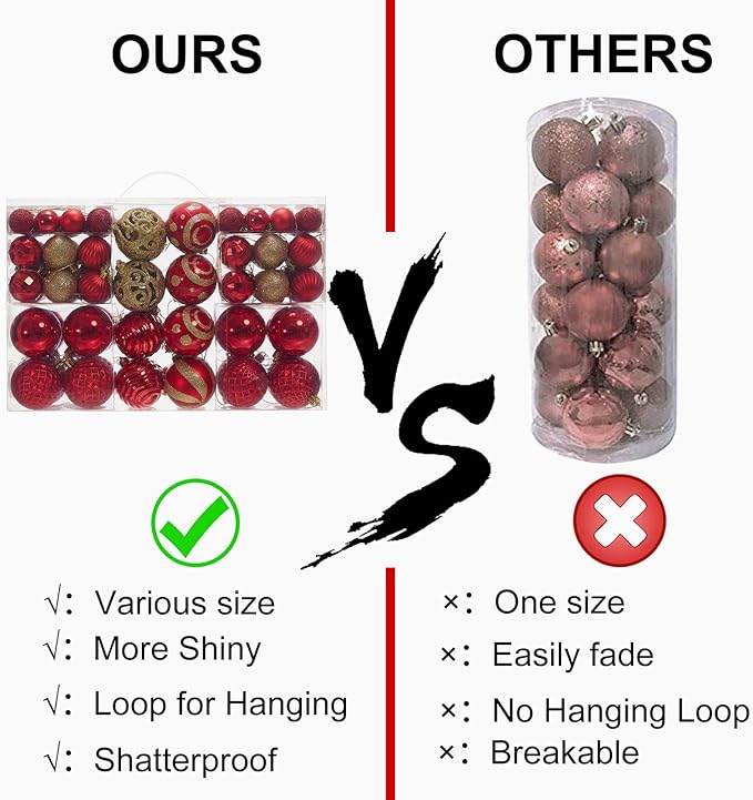 100PCS Christmas Ball Ornaments, Assorted Shatterproof Christmas Tree Decorations, Seasonal Decorative Hanging Baubles Decor Set for Xmas/Holiday/Party, Glitter&Painting Ornament Set (Red Gold)