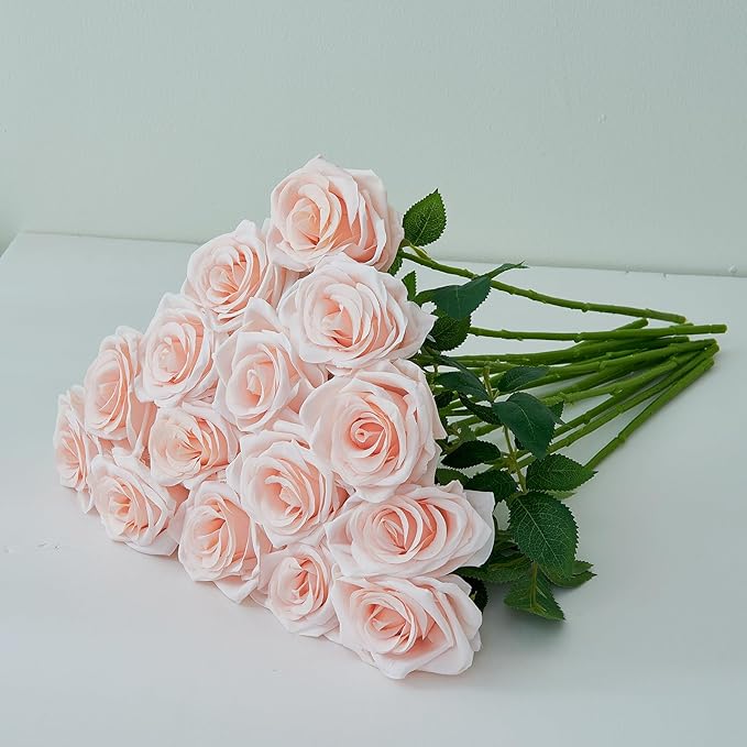 15pcs Blush Roses Artificial Flowers Silk Fake Flowers Realistic Pink Roses Bouquet Long Stemink for Wedding Home Party Birthday Decoration