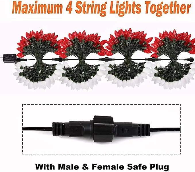 2-Pack Connectable Red and White C9 Christmas LED String Lights, Total 66 FT 100 LED Christmas Lights Plug in with 29V Safe Adapter, Waterproof Decorative Lights Indoor Outdoor for Xmas Decorations