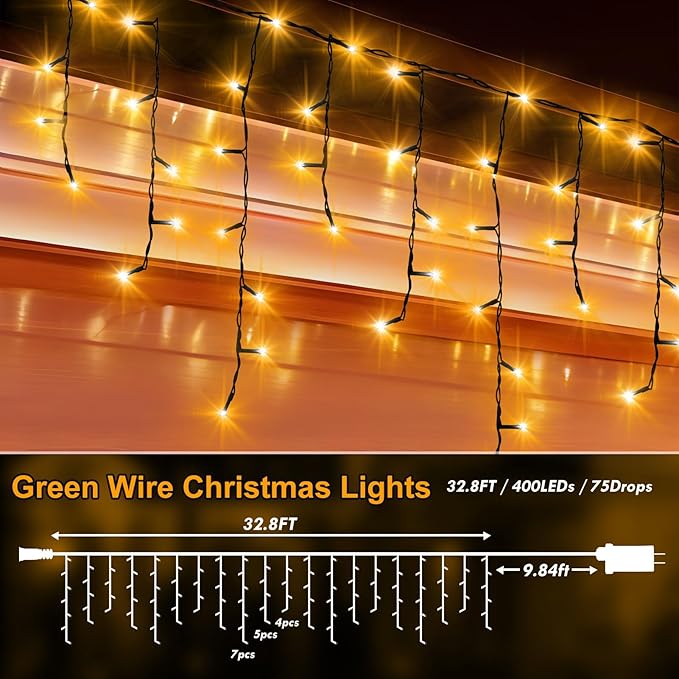 KNONEW 33FT 400 LED Christmas Lights Outdoor Black Wire String Lights with 75 Drops, 8 Lighting Modes, Timer Memory Function Connectable Hanging Curtain Lights for Halloween Party Decor (Warm White)