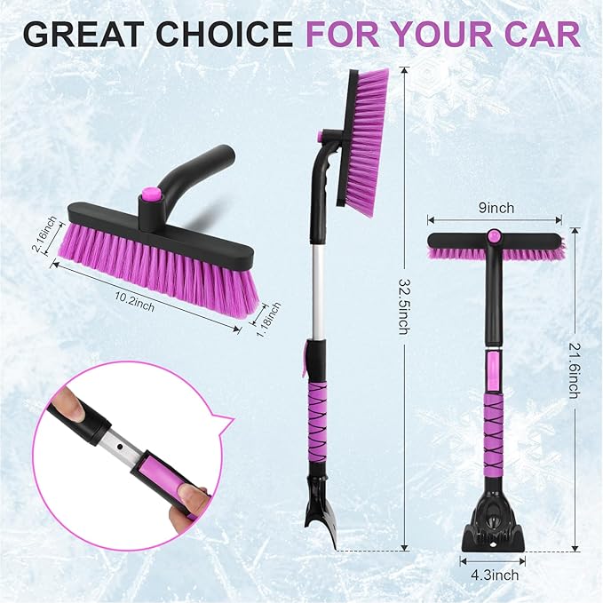 YOUGFIN Ice Scraper with Snow Brush Detachable for Car Windshield 33 Inch, 2 In 1 Extendable Window Scraper & Foam Snow Removal Brush for SUV, Heavy Duty Snow Cleaner for Truck Van, 360° Pivoting Head