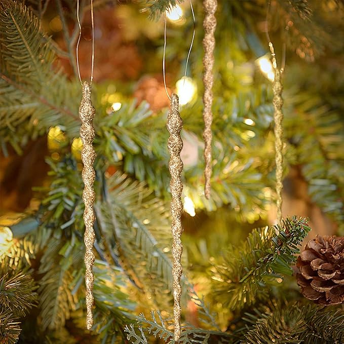 AMS Sparkling Glitter Plastic Icicle Ornaments 30 PCS Twisted Icicles Decoration Christmas Tree and Holiday Xmas Party Hanging (5.1'', Gold)