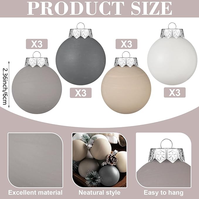 12 Pcs Neutral Matte Christmas Ball Ornaments 2.4 Inch Rustic Boho Gray Charcoal Beige White Xmas Bulbs Ornament Vintage Xmas Baubles Modern Christmas Decor for Tree Farmhouse Decor