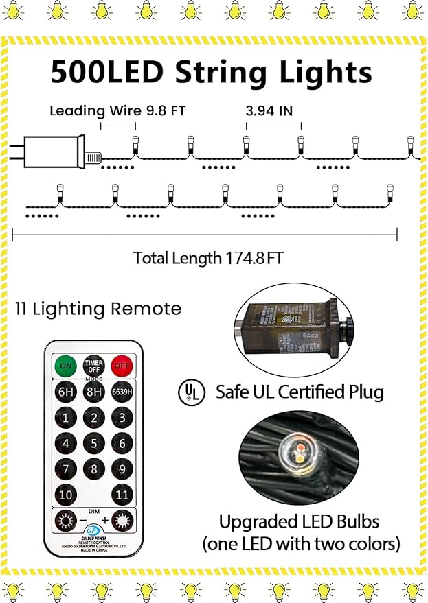 500 LED 165 FT Color Changing Christmas Lights with Remote and Timer, Fairy String Lights with 11 Lighting Modes & Memory Function Waterproof for Xmas Tree Holiday Party Decor(Warm White & Multicolor)