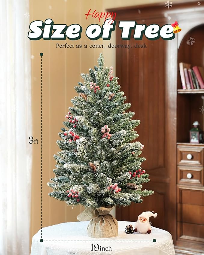 3ft Tabletop Pre-lit Mini Christmas Tree with LED Lights and Pine Cones, Artificial Tree for Table/Desk Decoration
