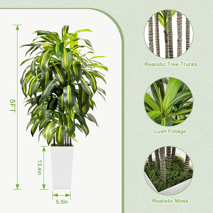5FT Fake Plant Artificial Dracaena Tree Indoor - Faux Plants Indoor Tall with White Planter - Fake Tree Floor Plant Artificial Plants Decor for Living Room Office