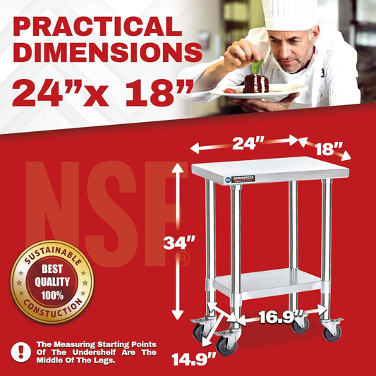 DuraSteel 24x18 NSF Stainless Steel Cart - Heavy Duty Rolling Food Prep Table with Undershelf - Metal Utility Cart for Commercial Restaurant Kitchen, Laundry, Side Mixer Stand