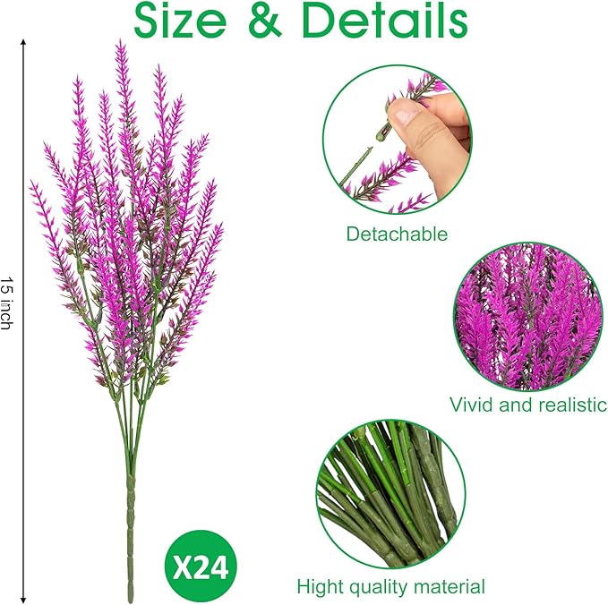 Ouddy Decor 24 Bundles Artificial Lavender Fake Flowers Faux Plastic Plants for Home Wedding Kitchen Garden Patio Window Box Office Table Centerpieces Indoor Outdoor Decor, Fuchsia