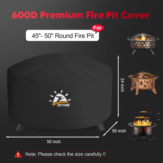 Fire Pit Cover Round 50 Inch - Outdoor Firepit Cover Heavy Duty & Waterproof, 600D Patio Fire Table Cover Large Gas Fire Pit Accessories Fade & Weather Resistant - 50 x 50 x 24 Inch