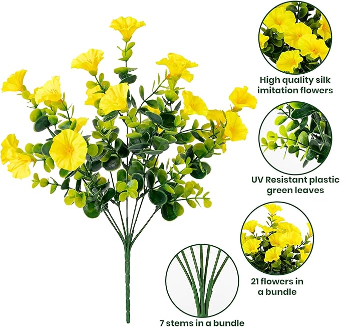 Artificial Faux Flowers for Outdoor 16 Bundles Boxwood Fake Morning Glory for Planter,UV Resistant Fake Flowers for Home Porch Patio Outside（Yellow）