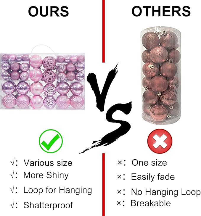 100PCS Christmas Ball Ornaments, Assorted Shatterproof Christmas Tree Decorations, Seasonal Decorative Hanging Baubles Decor Set for Xmas/Holiday/Party, Glitter&Painting Ornament Set (Pink)