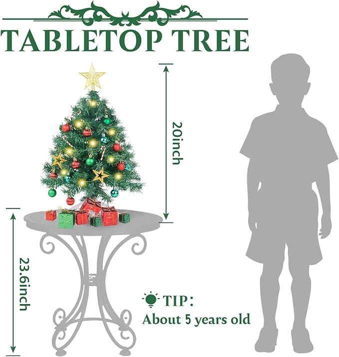 XmasExp 20in Mini Christmas Tree with Lights Green Small Christmas Tree Artificial Tabletop Xmas Decor Holiday Decoration for Home, Office, Party
