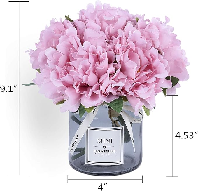 Artificial Hydrangea and Glass vase, Ins Style Artificial Flower Glass Bottle Set, Suitable for Living Room, Dining Table, Office, Wedding, Hotel Banquet and Other Home Decoration. (Purple Pink)