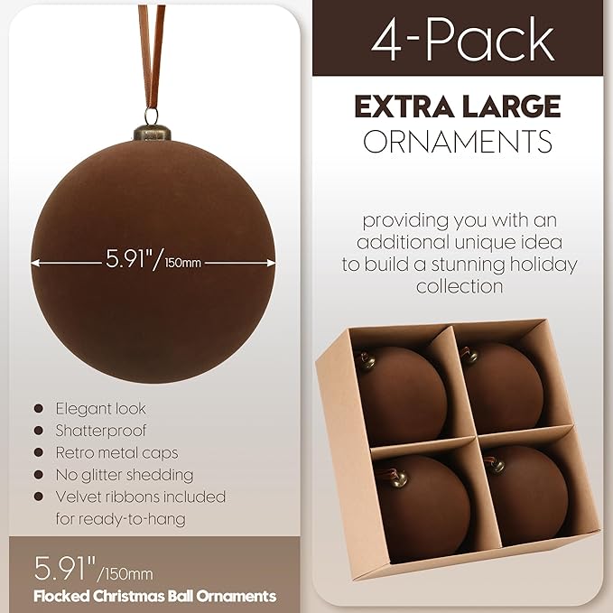 Sea Team 4-Pack Large Flocked Velvet Christmas Tree Ball Ornaments Set, Hanging Velour Baubles, Shatterproof Plastic Decorations for Xmas Tree, Wreath, Garland, 150mm/5.91 Inches, Brown