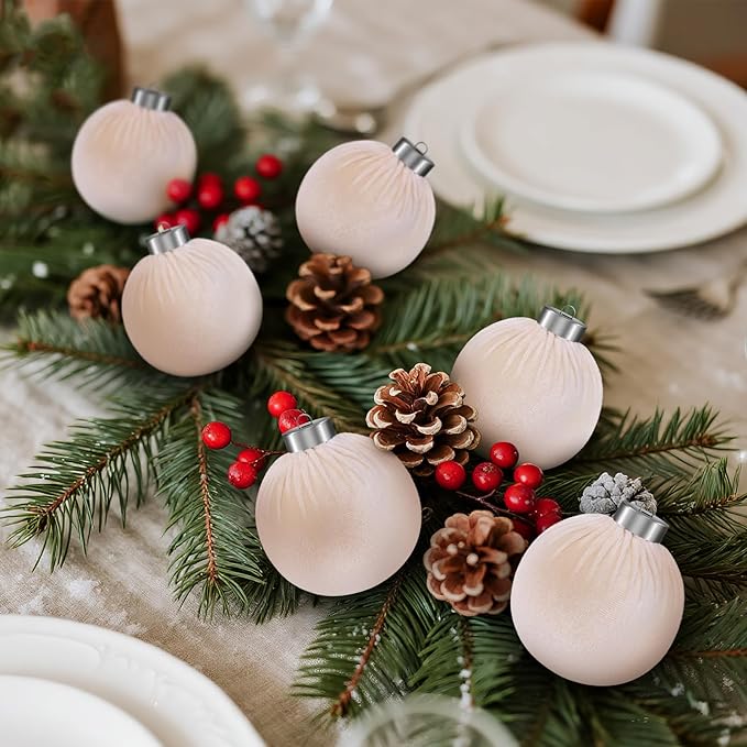 9 Pcs Christmas Tree Ornaments Set, 80mm/3.15in Large Velvet Christmas Balls for Xmas Tree Decorations Shatterproof Hanging Flocked Balls Ornaments Beige