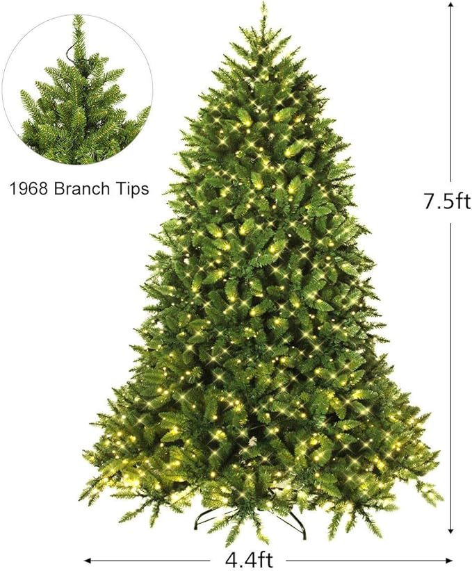 Goplus 7.5ft Prelit Christmas Tree, Premium Hinged Artificial Fir Tree, with LED Lights and Metal Stand, Easy Assemble, Xmas Decor for Home