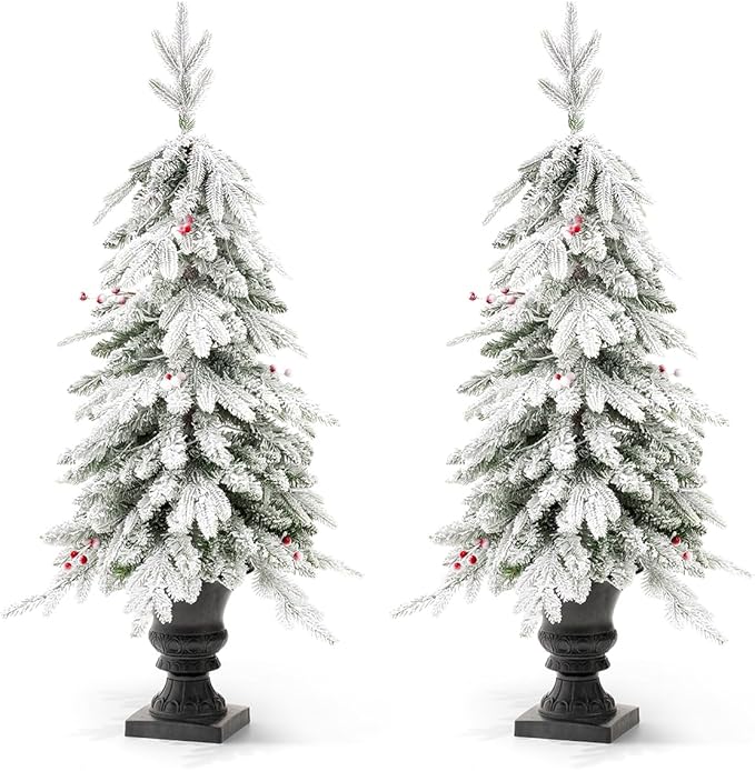 Glitzhome Set of 2 4ft Christmas Tree, Small Christmas Tree Flocked Fir Potted Tree Prelit Artificial Christmas Tree for Entrance with 100 Warm White Lights, 313 PE&PVC Branch Tips and Red Berries