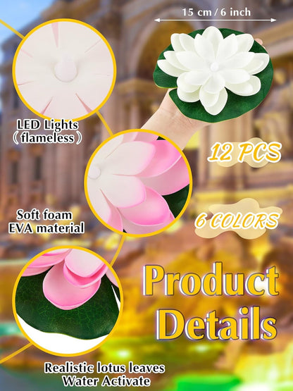 Hortsun 12 Pcs Floating Lotus Lights with Batteries Lily Pads Pool Flowers Diwali Pooja Decorations Floating Candles Decor for Pool Pond Outdoor Indoor(5.91 Inch,Multicolor)