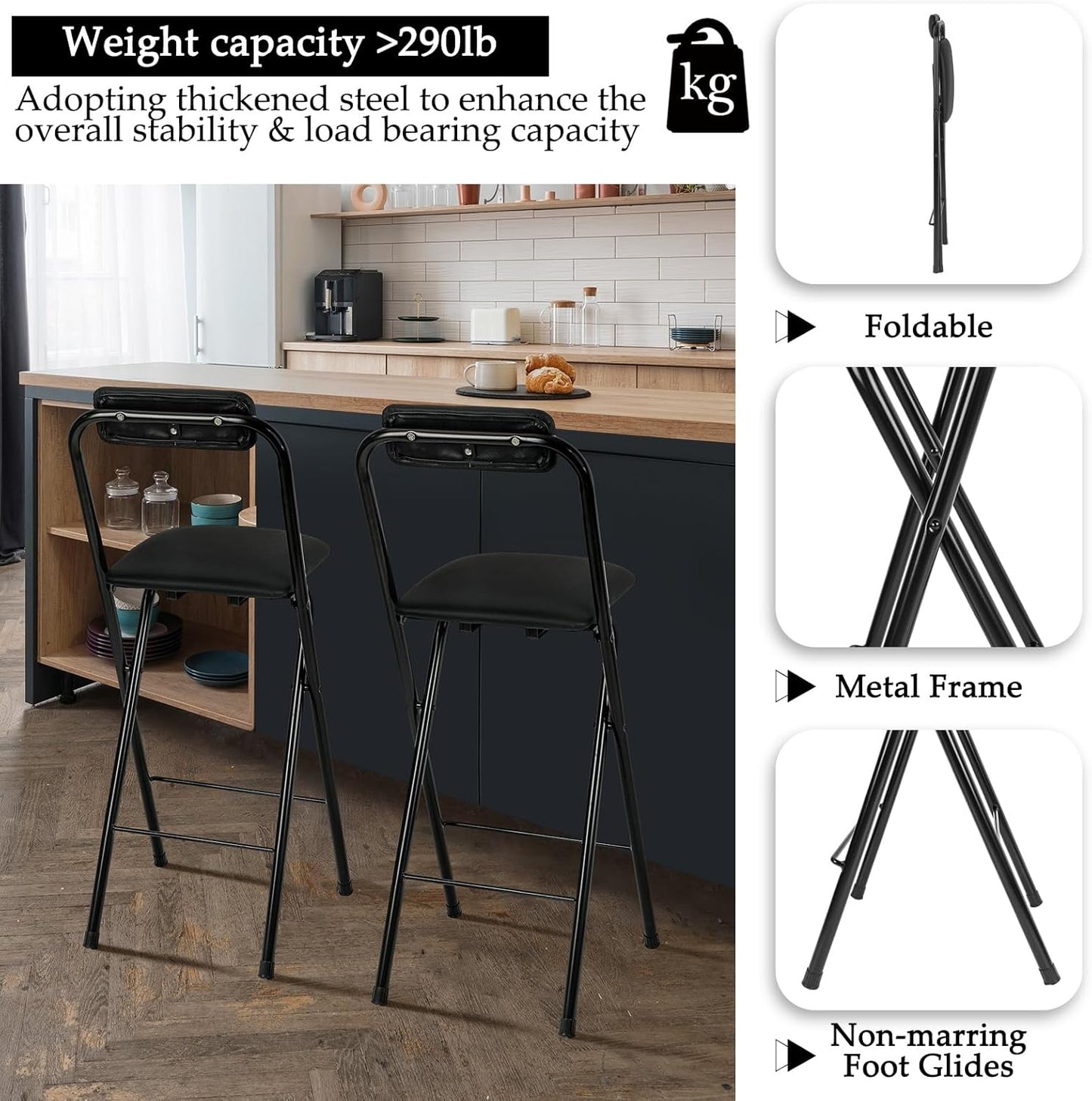 Thyle 1 Pcs Folding Bar Stool with Backrest, Tall Foldable Stool Chair Portable High Folding Bar Chair Counter Height Seat Leather Padded for Kitchen Island Shop Cafe Dining Room Black (29.5 Inch)