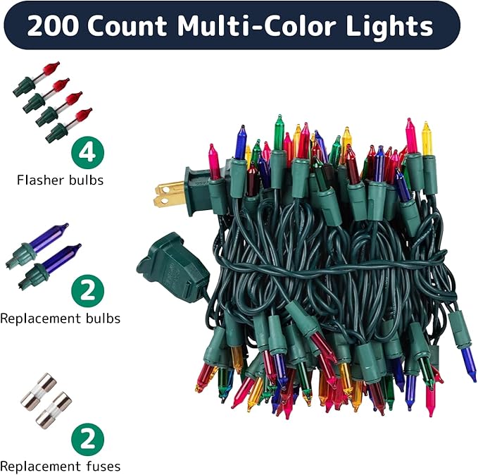 PREXTEX Multi Colored Christmas Tree Light String - Twinkle 200 Lights Mixed Color with Green Wire - 40 ft Outdoor Mardi Gras Lights for Holiday and Indoor Decorations