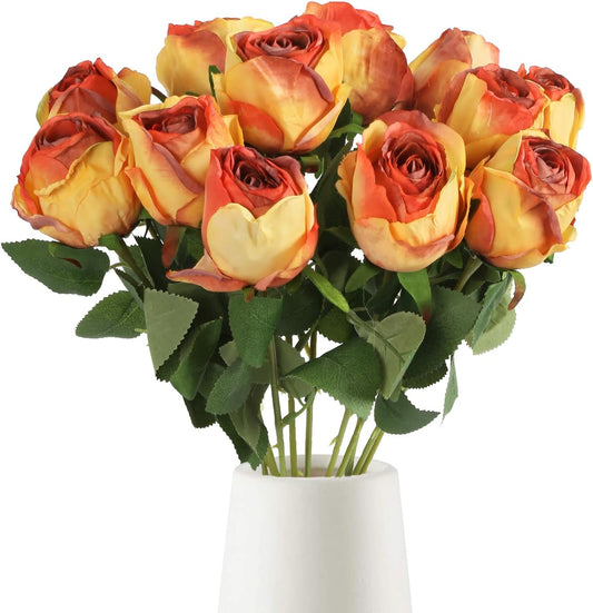12pcs Orange Roses Artificial Flowers Vintage Burnt Edge Rose 20" Realistic Silk Roses Bouquet with Long Stem for Wedding Party Floral Centerpieces Decoration (Orange)