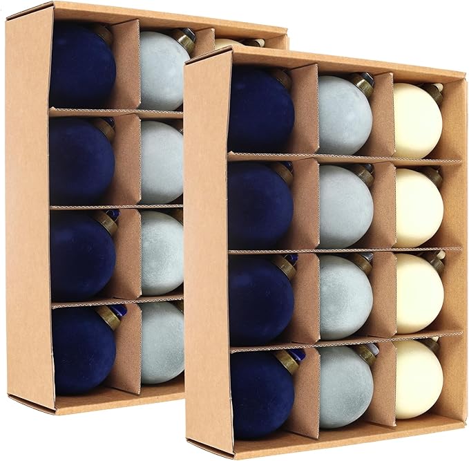 24 Pcs Velvet Christmas Balls Bulk Shatterproof Plastic Christmas Tree Decorations for Decorative Hanging Baubles (24, Beige、Haze Blue、Navy Blue, 3.15Inch)
