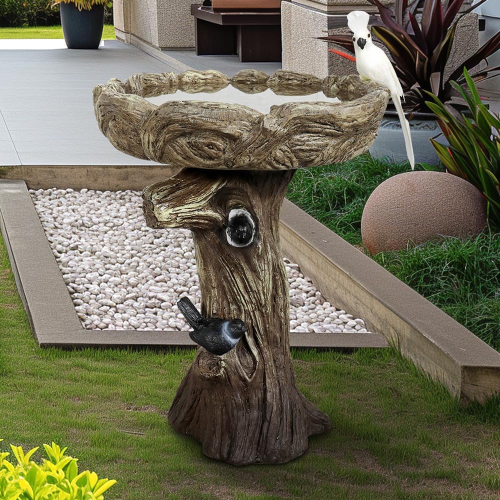 23" H Birdbath for Garden with a Fake Bird Decor - 23" H * 17.7" Φ Freestanding Trunk Like Bird Bath for Outside Patio or Yard Decor