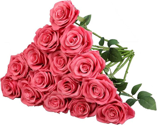 15pcs Fake Roses Artificial Silk Flowers Faux Rose Flower Long Stems Bouquet for Arrangement Wedding Centerpiece Party Home Kitchen Decor