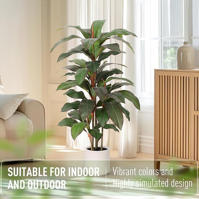 Artificial Dracaena Plant Indoor 4 FT, Fake Tree with White Planter, Faux Yucca Silk Floor Plants Indoor, Artificial Trees for Home Office Decor Indoor Outdoor Housewarming Gift