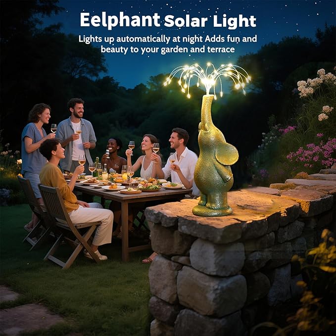 Elephant Statue Outdoor Solar Lights Garden Sculpture, 60 LED Chips Birthday Gift Women,Mothers,and Elders. Ornamental Piece for Balconies, Gardens, patios, courtyards, and lawns