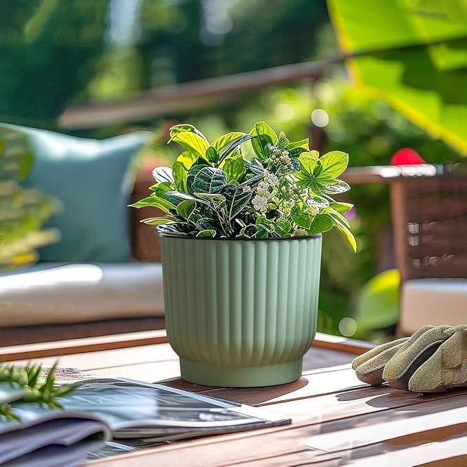 T4U 6 Inch Self Watering Pots for Indoor Plants, 6 Pack Plant Pots, Self Watering Planter for Indoor Plants, Durable Plastic Pots, Flower, Succulents (6 Pack, 6", Green)