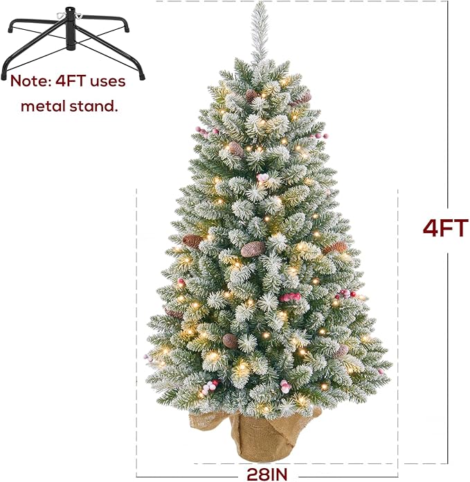 4ft Prelit Artificial Snow Flocked Christmas Tree with Warm White Multi-Color LED Lights, Timer Battery Operated, Metal Stand Red Berries & Pine Cone Slim Pencil Decoration for Indoor/Outdoor