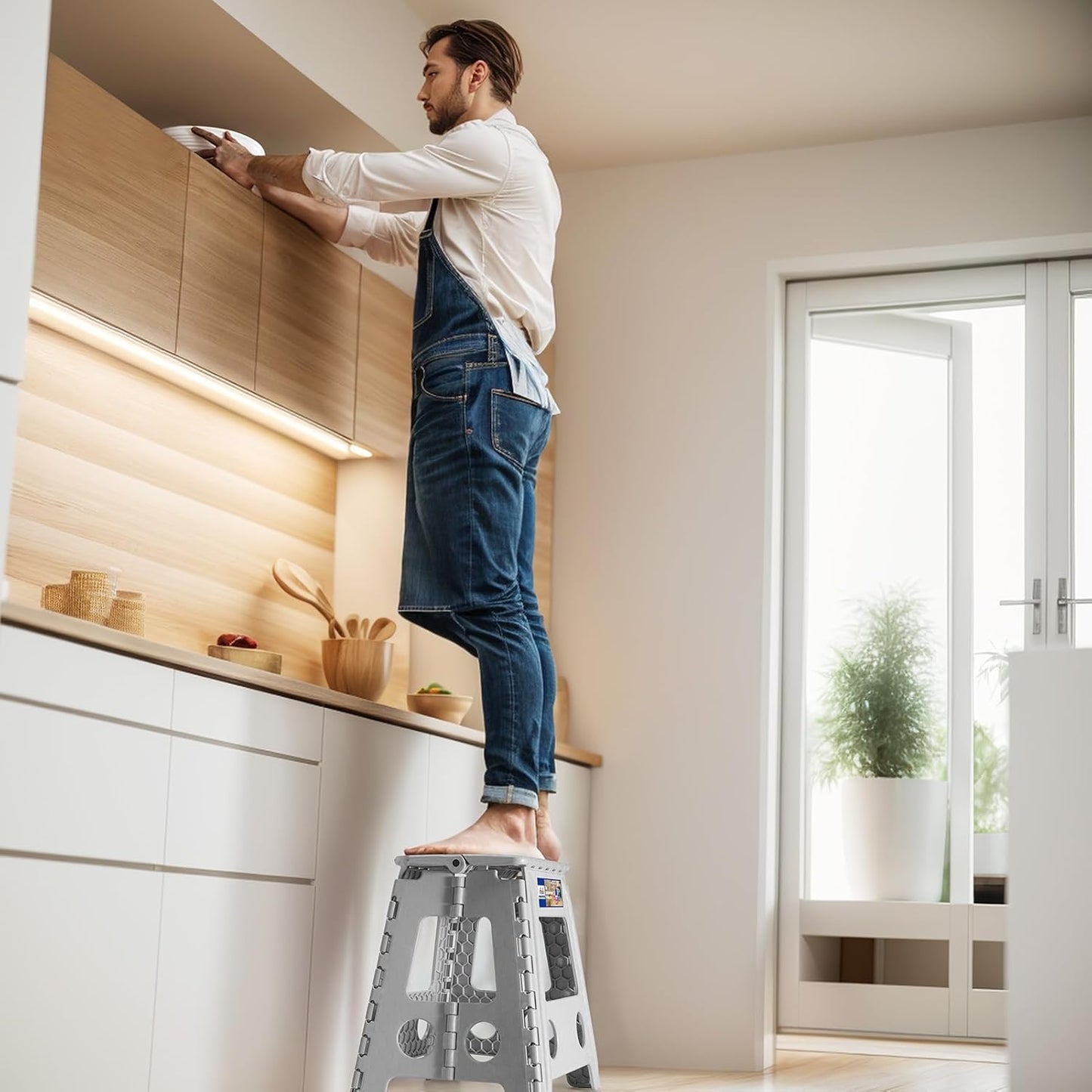 ACKO Folding Step Stool Foldable 16 Inch 400 lbs Capacity, Plastic Stools for Adults and Kids, Collapsible Stools for Kitchen, Stepping Stool with Handle(Grey)