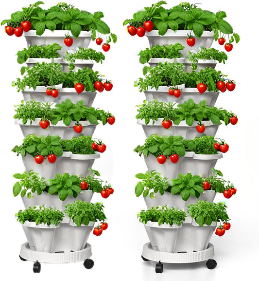 7 Tiered Strawberry Planters 2 Pack, Vertical Stackable Planter, Herb Stacking Tower Garden, Flower and Vegetable Planters with Support Pole Indoor and Outdoor with Removable Wheels - White