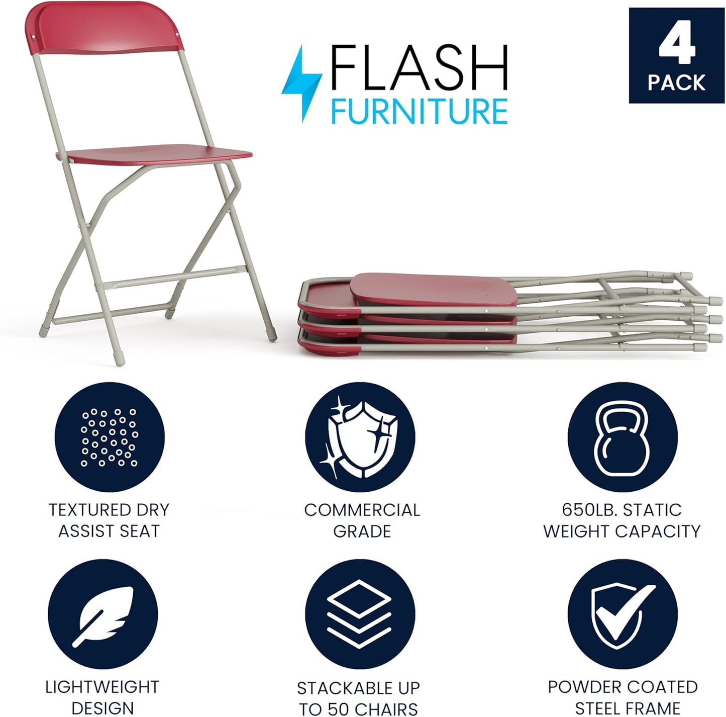 Flash Furniture Hercules Series Plastic Folding Chair - Red - 4 Pack 650LB Weight Capacity Comfortable Event Chair-Lightweight Folding Chair