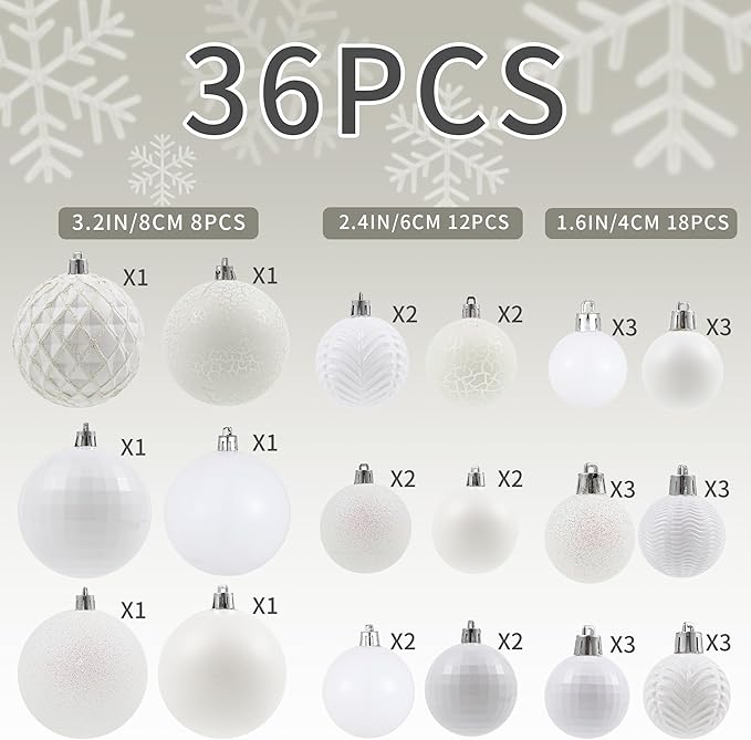 LANGXUN 36pcs White Christmas Tree Decorations Balls, Bolas De Navidad, 2025 Christmas Decor, Indoor Outdoor Shatterproof Christmas Ornaments, Xmars Party Wedding Suppiles