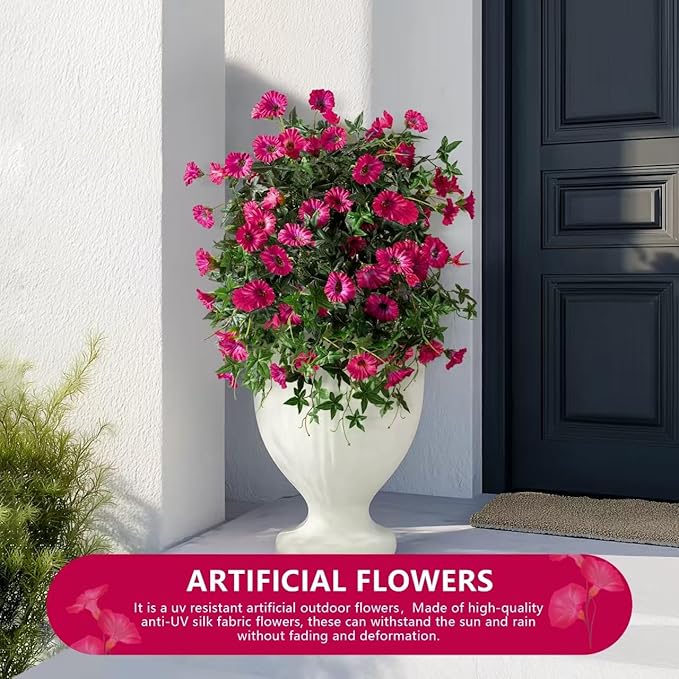 Artificial Flowers Artificial Petunias for Outdoors 2PCS Artificial Hanging Plants Outdoors Silk Flowers with Stems Outdoor Flowers Uv Resistant for Porch Terrace Decor，Rose Red，Without Pot