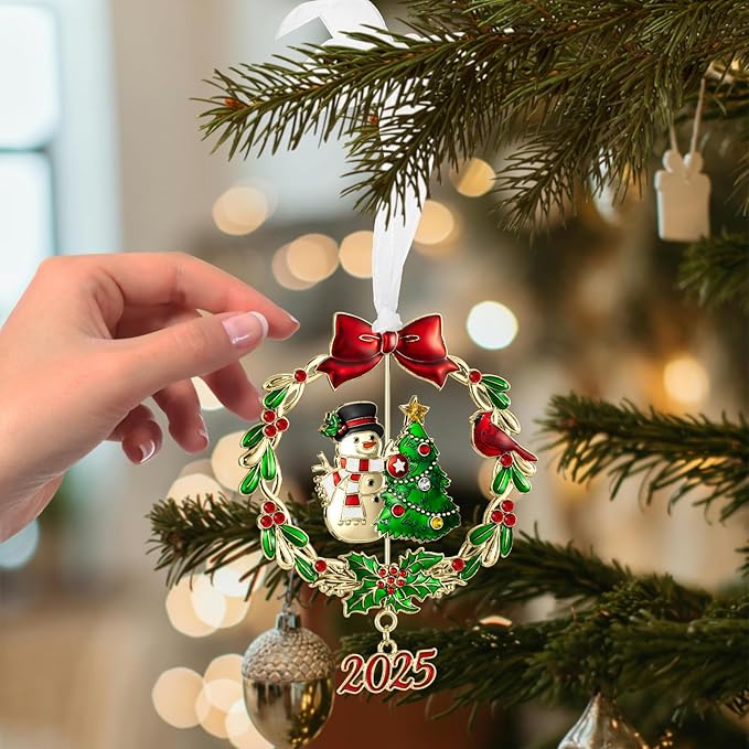 2025 Snowman Christmas Tree Ornament Metal Silver Hanging Rotatable Design Charm Holiday Decorative Pendant Gift Keepsake (Bow,Golden)