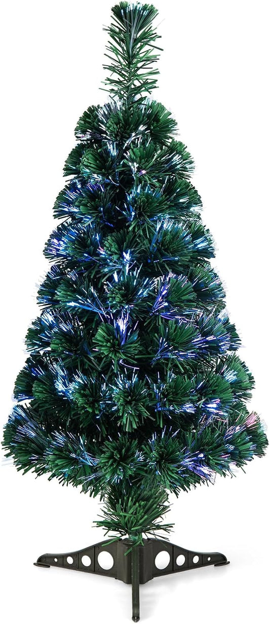 HAPPYGRILL 3FT Fiber Optic Christmas Tree Pre-Lit Artificial Christmas Tree with 85 PVC Tips, Green Xmas Tree with LED Lights for Indoor Outdoor Festival